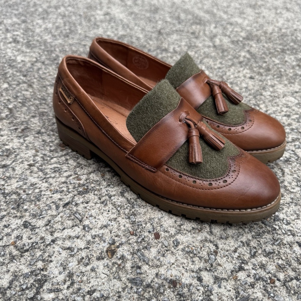 Pikolinos Kiltie Oxford Brogue Loafers Women's 8.5 (39 EU) Brown Leather & Tweed